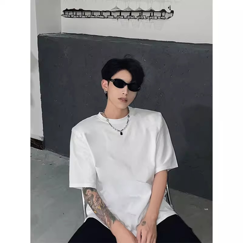 白色美式直角垫肩t恤夏季高级感cleanfit正肩短袖男内搭纯棉半袖