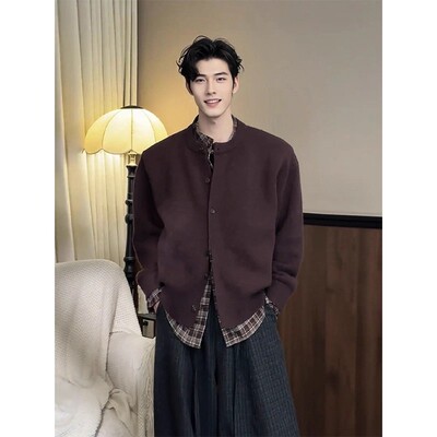 咖色格子假两件老钱风男针织衫