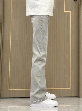 美式复古vibe裤子男秋季直筒烟灰色牛仔裤高街修身显瘦弹力微喇裤