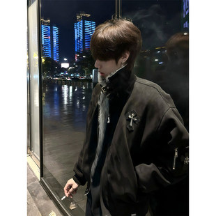 黑色美式高街十字架座山雕外套棉服男款冬季加厚痞帅毛领棉衣夹克