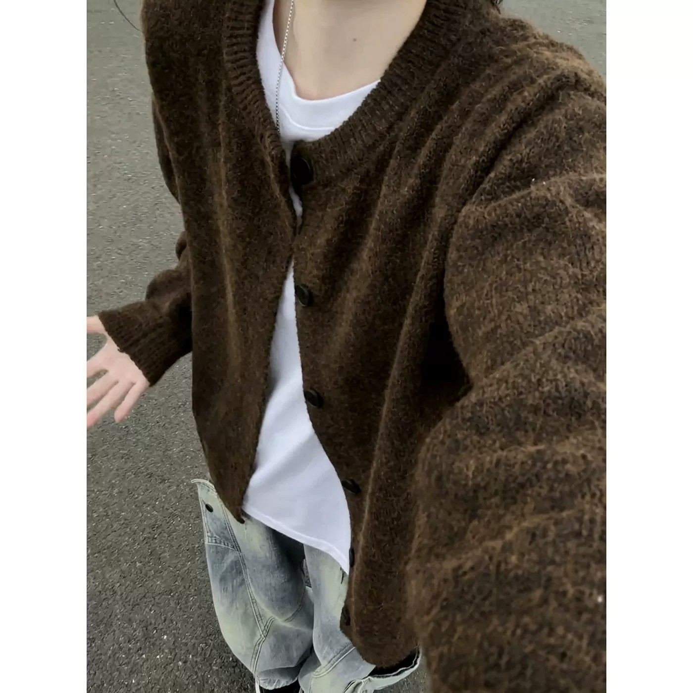 美拉德咖色纽扣开衫毛衣男春秋美式复古慵懒风针织衫宽松休闲外套