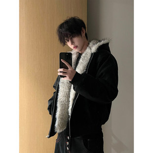 黑色毛领座山雕外套男款冬季加绒加厚连帽夹克美式高街短款棉服