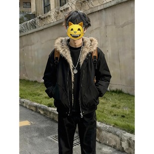 美式高街座山雕毛领棉服男款冬季加绒加厚短款棉衣夹克高级感外套