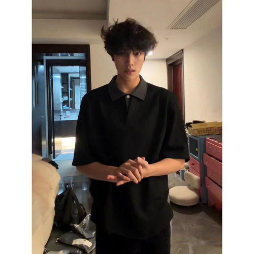 夏季少年感假两件V领POLO衫男