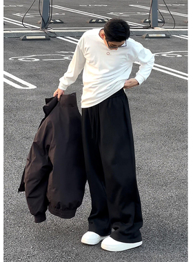 美式黑色弯刀卫裤男款cleanfit阔腿直筒裤子垂感高级感休闲运动裤