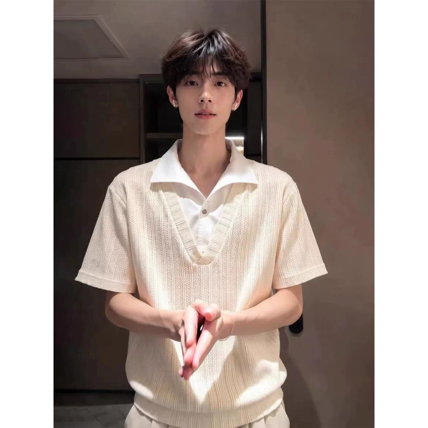 杏色麦穗纹假两件短袖polo衫男款夏季美式翻领t恤高级感痞帅半袖
