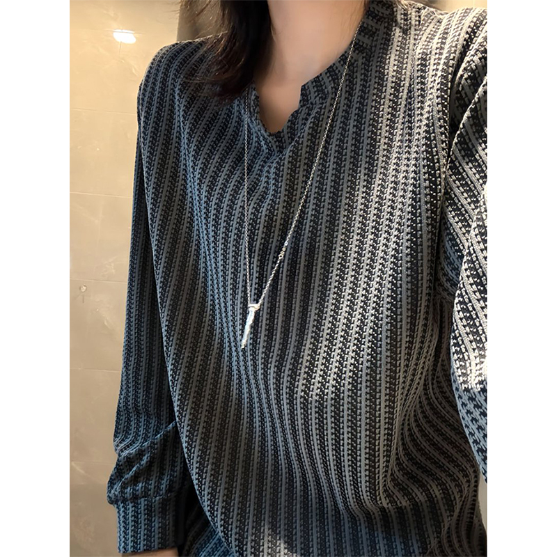 黑色千鸟格v领长袖t恤男女