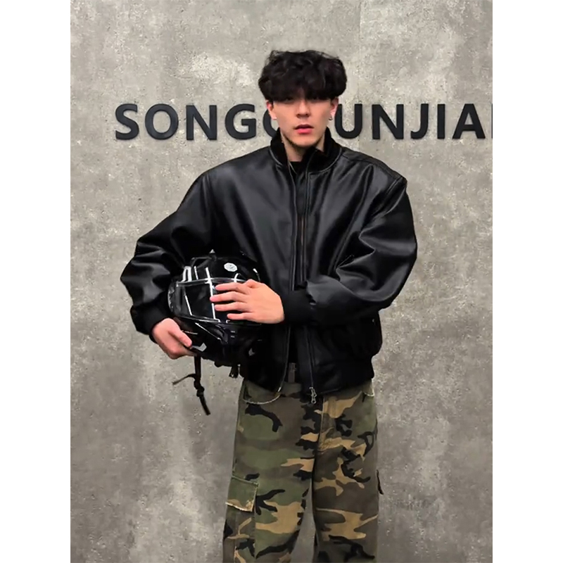 雅痞风黑色红内短款pu棉服