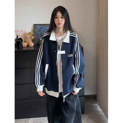 藏青色美式三条杠运动外套