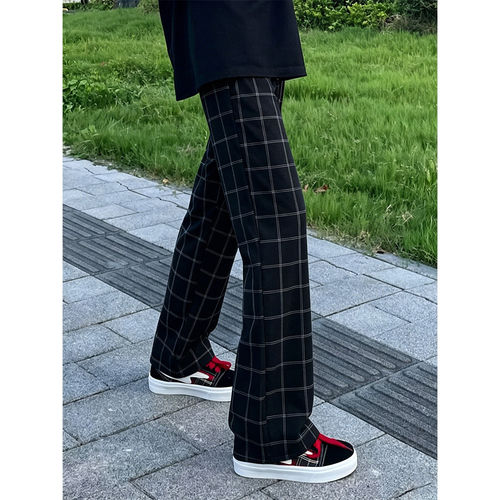 美式复古黑色显瘦微喇格子男裤