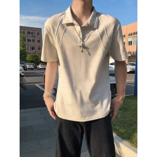 白花灰美式polo衫短袖男款夏季解构拼接重磅内搭t恤翻领正肩半袖