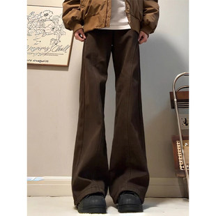 美拉德棕咖色斜切牛仔裤男款秋冬高街直筒加绒裤子纯棉弯刀微喇裤