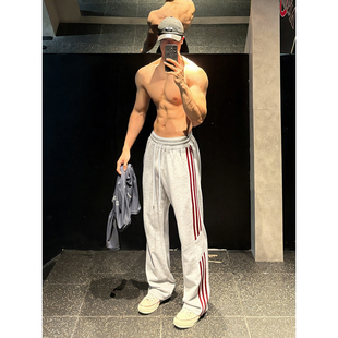 花灰色三条杠加绒卫裤男款冬季防寒加厚条纹裤子垂感直筒运动长裤