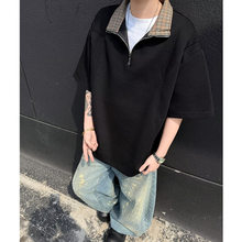 美式半拉链翻领短袖polo衫男夏季高街老钱风千鸟格拼接t恤高级感