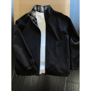 黑色cleanfit格子拼接外套男款秋季美式翻领棒球服潮牌少年感夹克
