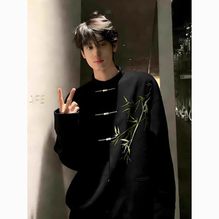 新中式翠竹刺绣立领西装男款春秋飞机扣中山装外套黑色礼服夹克