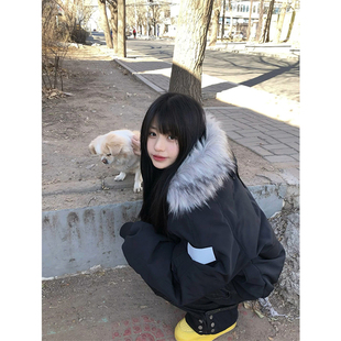 黑色美式复古短款羽绒棉服男女款冬季潮牌毛领外套加厚工装派克服
