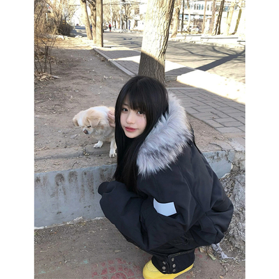 黑色美式复古短款羽绒棉服