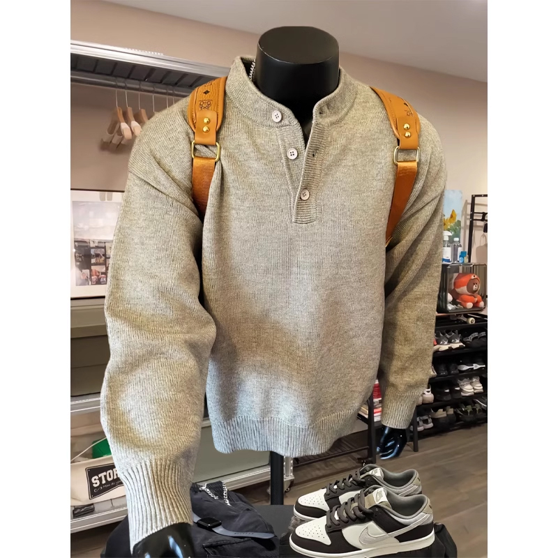 灰色美式亨利领针织毛衣男长袖