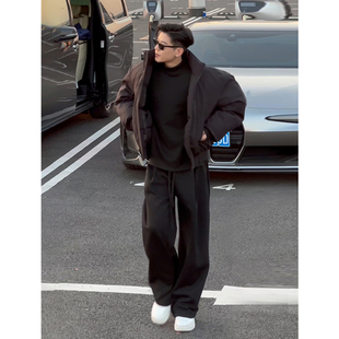 阔腿卫裤 子宽松垂感直筒休闲长裤 男款 cleanfit弯刀裤 秋季 黑色美式