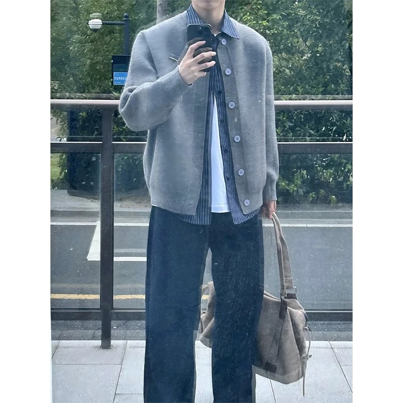 cleanfit灰色圆领针织外套男秋季美式复古慵懒风开衫毛衣情侣上衣