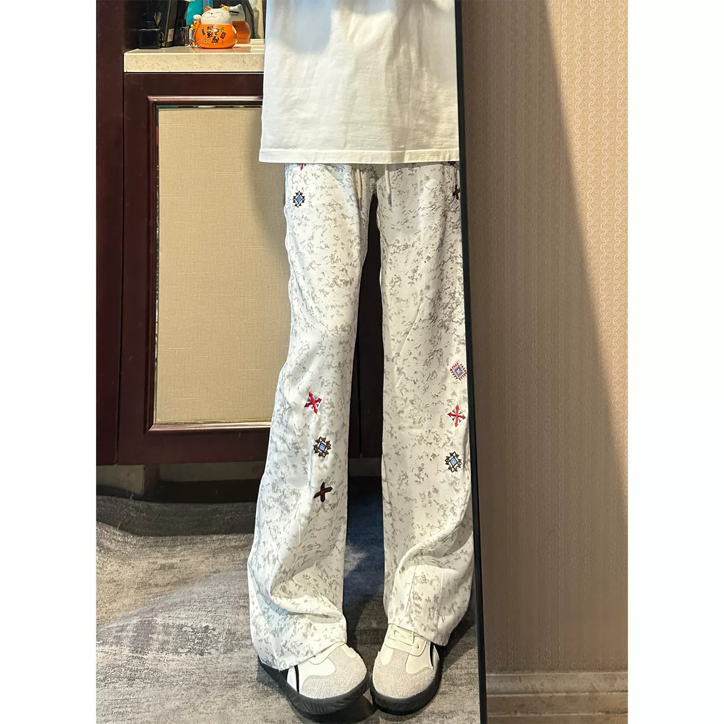 白灰冰丝扎染速干休闲裤男女夏季民族风刺绣裤子新中式透气长裤