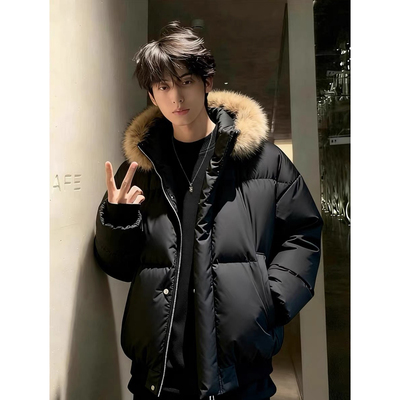 冬季黑色短款连帽可拆毛领羽绒服