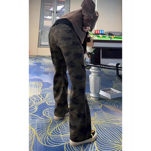 美式微喇迷彩牛仔裤男款冬季加绒加厚工装裤子高街显瘦直筒弯刀裤