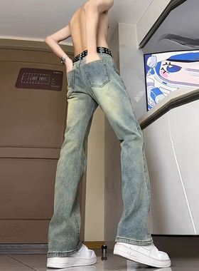 复古蓝微喇牛仔裤男款秋冬加绒加厚美式vibe风裤子修身窄版直筒裤