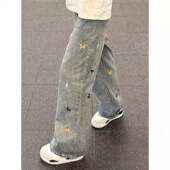 高街设计感hiphop水洗做旧直筒宽松阔腿长裤 小狗刺绣牛仔裤 男美式