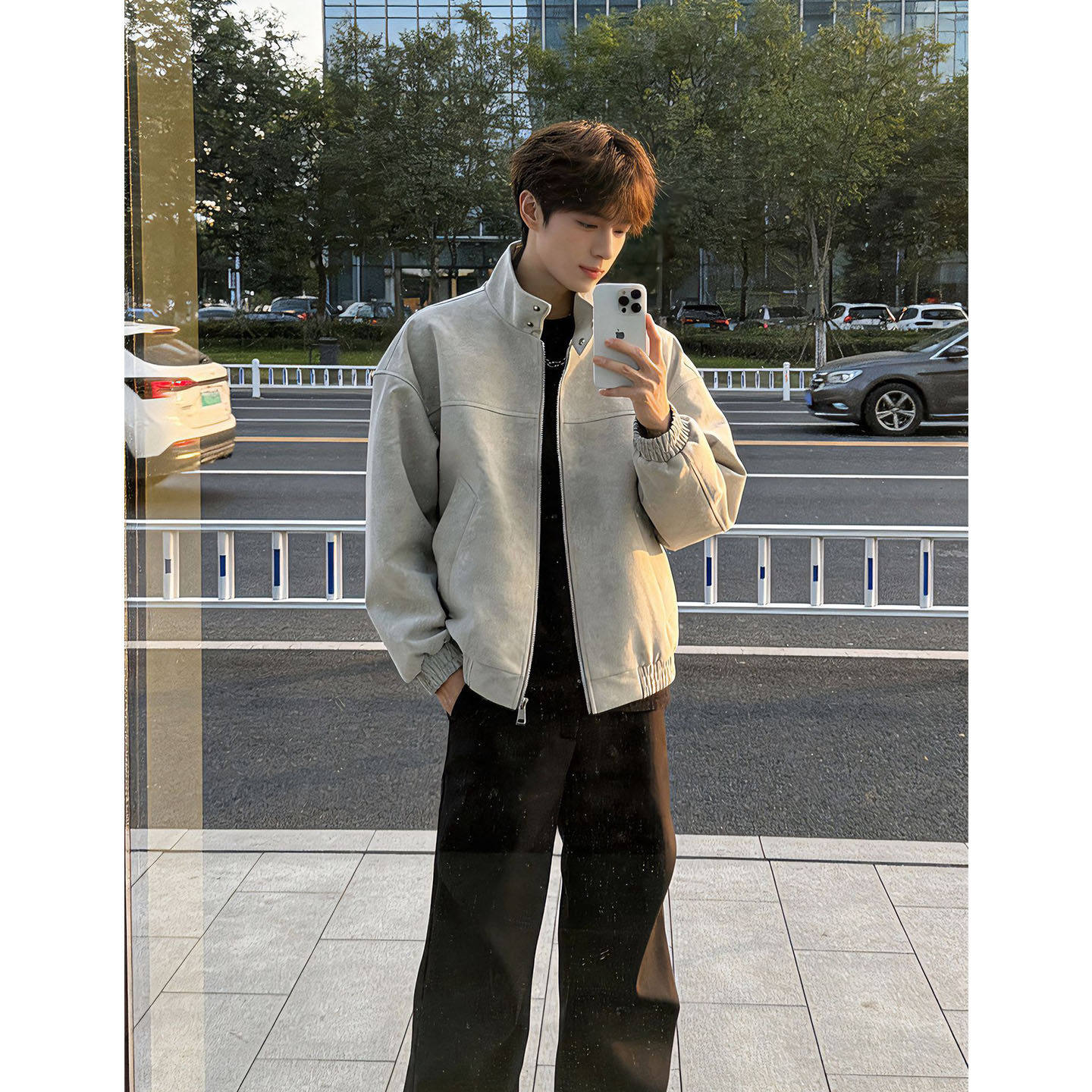 灰色扎染立领外套男春季美式复古短款机车服痞帅棒球服正肩夹克