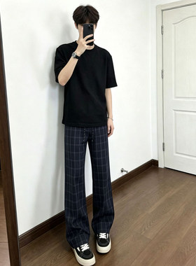 深蓝色直筒格子裤男夏季痞帅弯刀微喇裤cleanfit美式高街运动裤子
