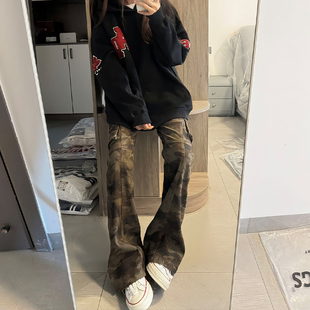 高街迷彩工装 显瘦微喇叭裤 裤 子多口袋修身 男高级感痞帅vibe裤 美式