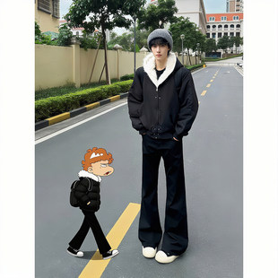 黑色高街痞帅微喇西裤男款秋冬垂感加绒弯刀裤遮肉显瘦潮流直筒裤