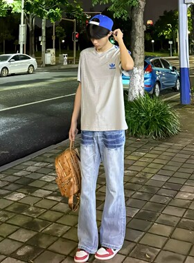 蓝色闪电纹牛仔裤男夏薄款美式高街直筒裤高级感痞帅弯刀微喇裤子