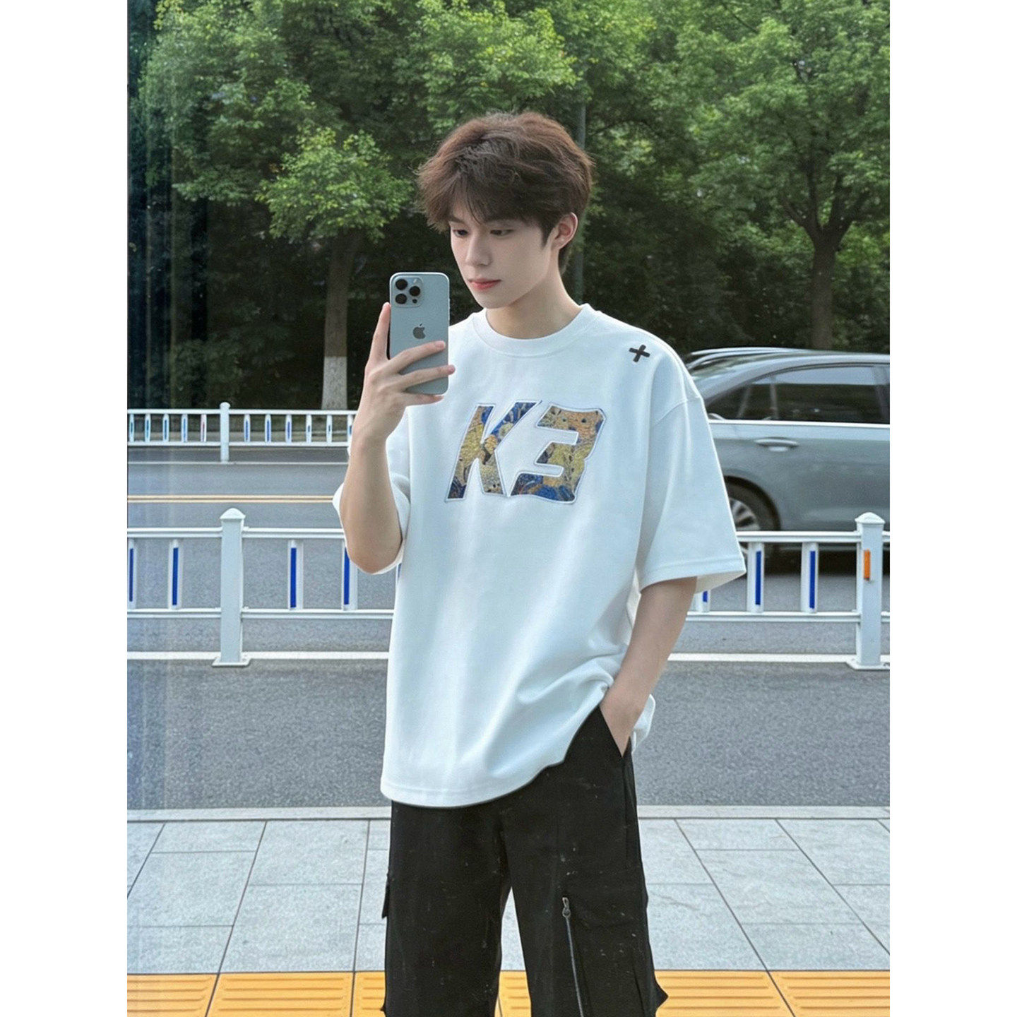 白色贴布刺绣t恤男款夏季美式hiphop穿搭重磅短袖小领口情侣半袖