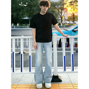 浅蓝色弯刀牛仔裤男款春季美式高街vibe直筒裤子修身提档微喇长裤
