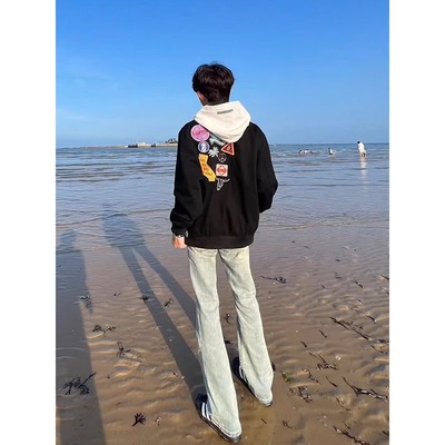 烟灰色高腰牛仔裤男款直筒修身