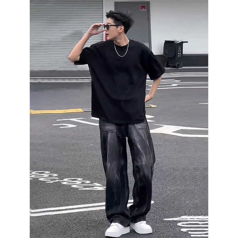 重磅黑色t恤男夏季纯棉潮牌cleanfit短袖美式高街内搭小领口半袖,男装,T恤,淘宝优惠券,粉丝福利购,淘宝优惠卷