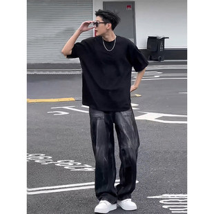 重磅黑色t恤男夏季纯棉潮牌cleanfit短袖美式高街内搭小领口半袖