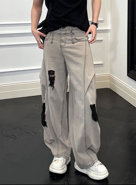 灰色破洞弯刀牛仔裤男夏季发型师酷帅休闲裤美式情侣微喇阔腿裤子