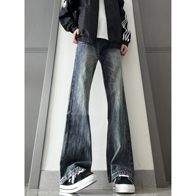 美式高街痞帅闪电纹微喇牛仔裤男