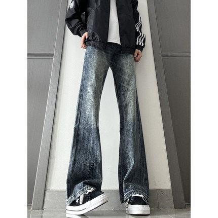 痞帅闪电纹微喇牛仔裤男秋季美式高街cleanfit裤子修身提裆直筒裤