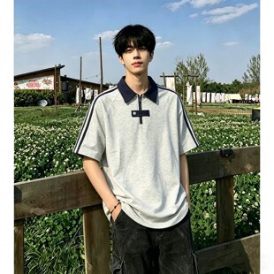 白花灰半拉链polo衫短袖男生夏季条纹撞色正肩T恤美式学院风半袖
