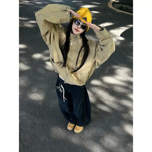 卡其巴恩风短款工装飞行夹克男