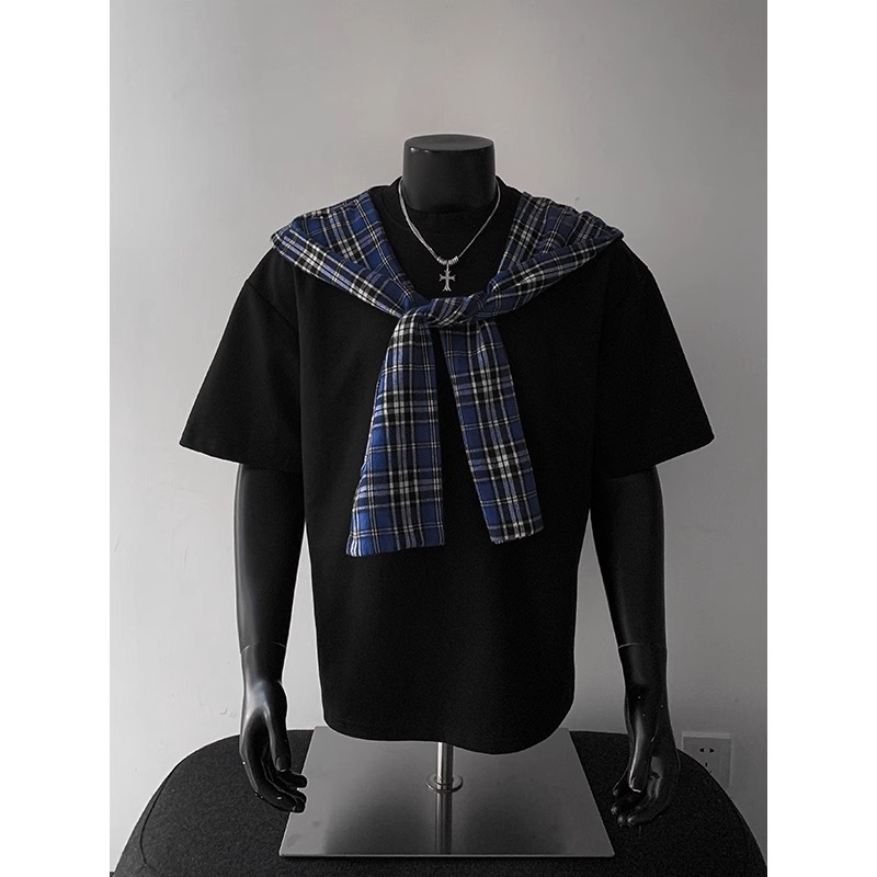 可拆卸格子连帽披肩短袖T恤