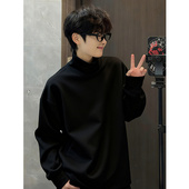 美式 t恤 秋冬保暖半高领加绒卫衣重磅正肩长袖 黑色德绒打底衫 男款