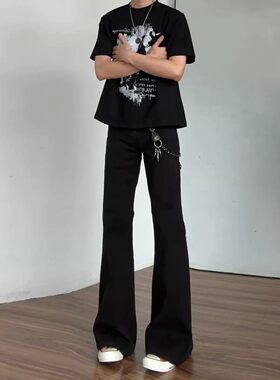 美式高街黑色微喇弯刀牛仔裤男款