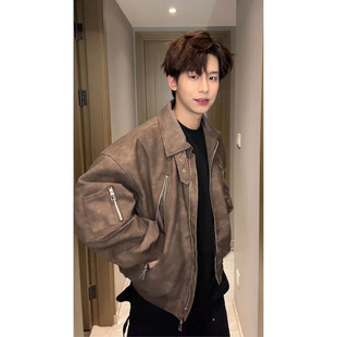 美拉德棕色PU皮机车外套男春秋款美式vintage飞行员工装夹克秋冬