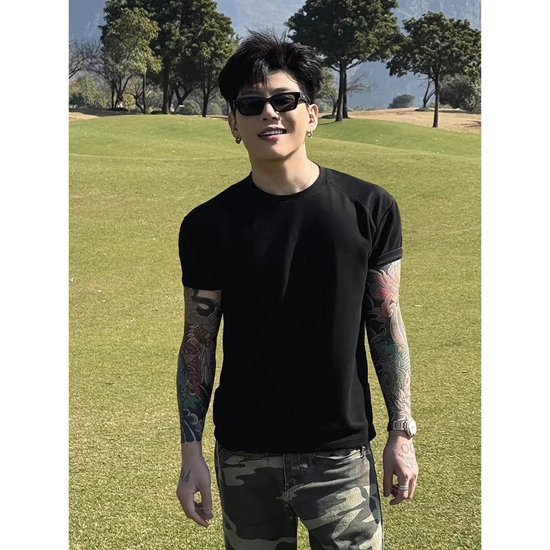 美式黑色正肩短袖男夏季cleanfit